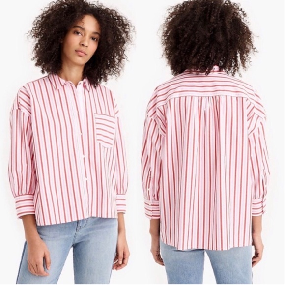 J. Crew Tops - J. CREW Oversized Striped Button Shirt Red Pink Sz Large